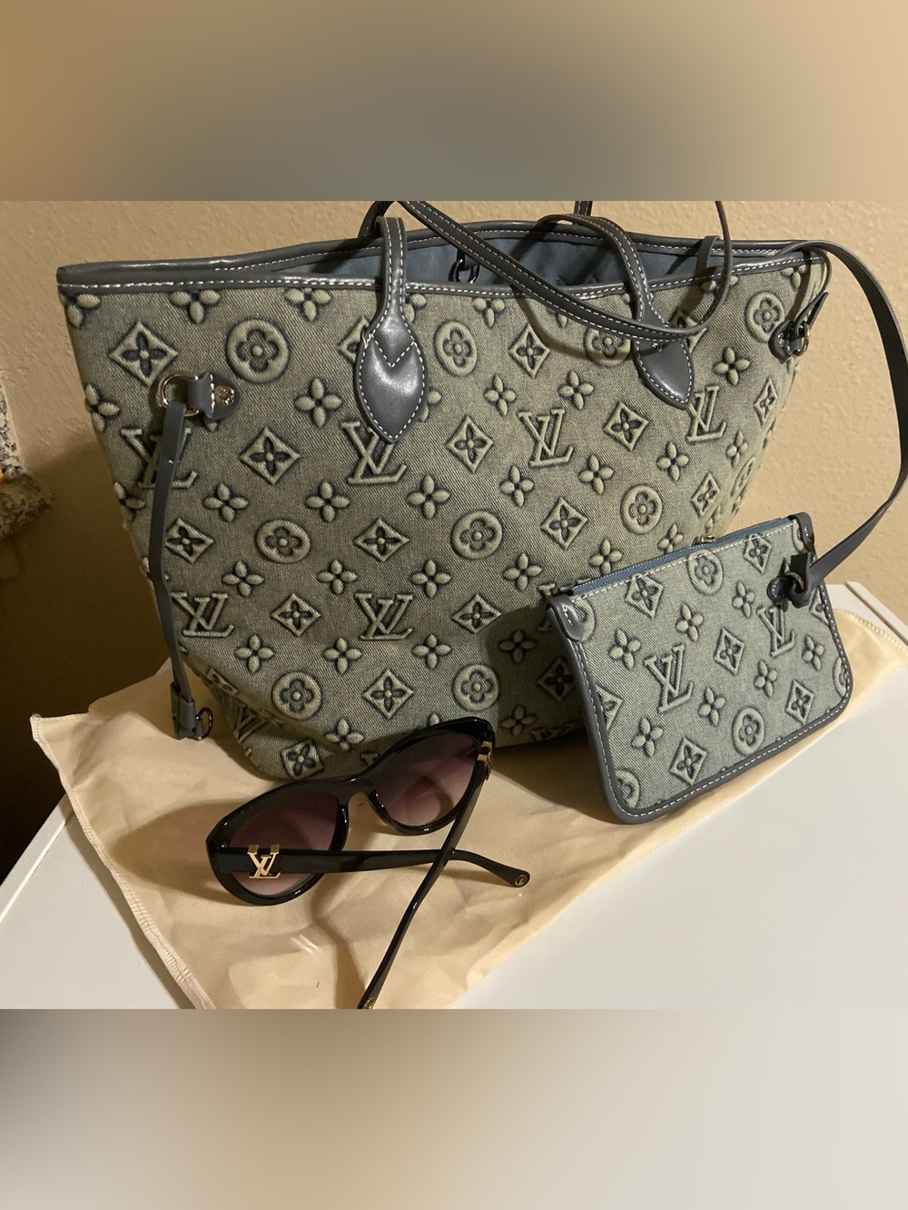 Louis Vuitton Grey Monogram Tote with Matching Pouch